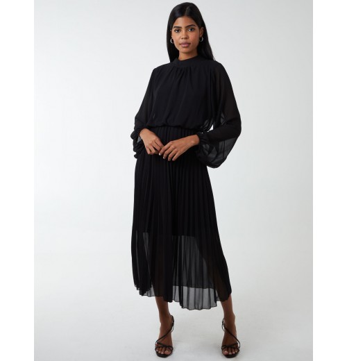 High Neck Pleated Midi Dress