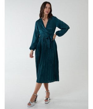 Jacquard Wrap Front Belted Pleated Midi Dress