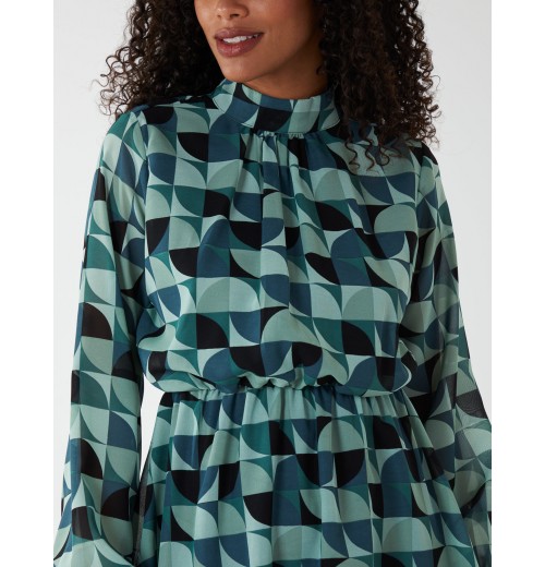 Geometric Print Blouson Dress