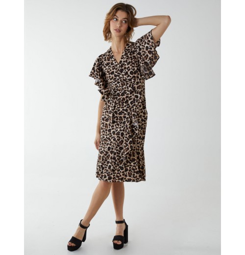 Leopard Print Wrap Ruffle Midi Dress