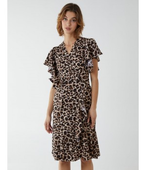 Leopard Print Wrap Ruffle Midi Dress