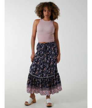 Elasticated Waistband Tiered Midi Skirt