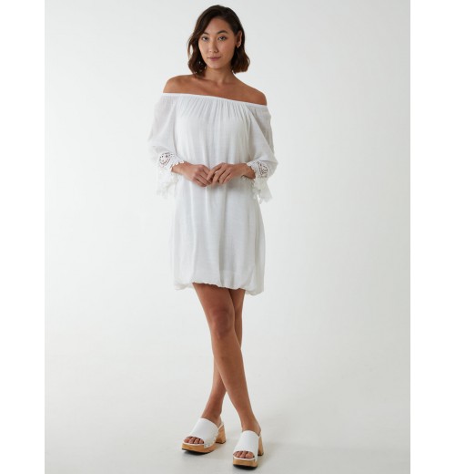 Bardot Tunic Dress With Crochet Lace Sleeves