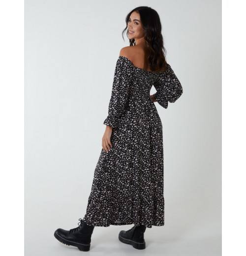 Puff Sleeve Square Neck Shirred Midi Dress