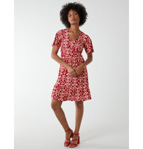 V Neck Shirred Mini Tea Dress With Split