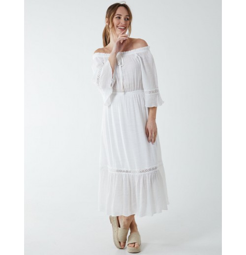 Off Shoulder Elasticated Lace Insert Midi Dress