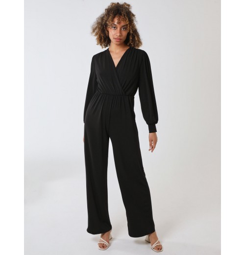 Elasticated Waist Crossover Long Sleeve Jumpsuit