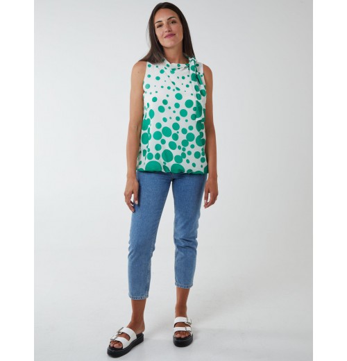 Sleeveless Polka Dot Top With Tie Neck