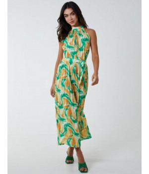 Halterneck Abstract Leaves Maxi Dress