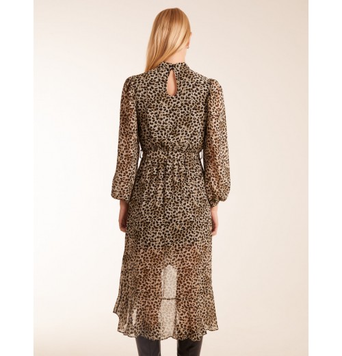 Leopard Print High Neck Wrap Frill Hem Midi Dress