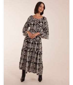 Print Button Front Scoop Neck Maxi Dress